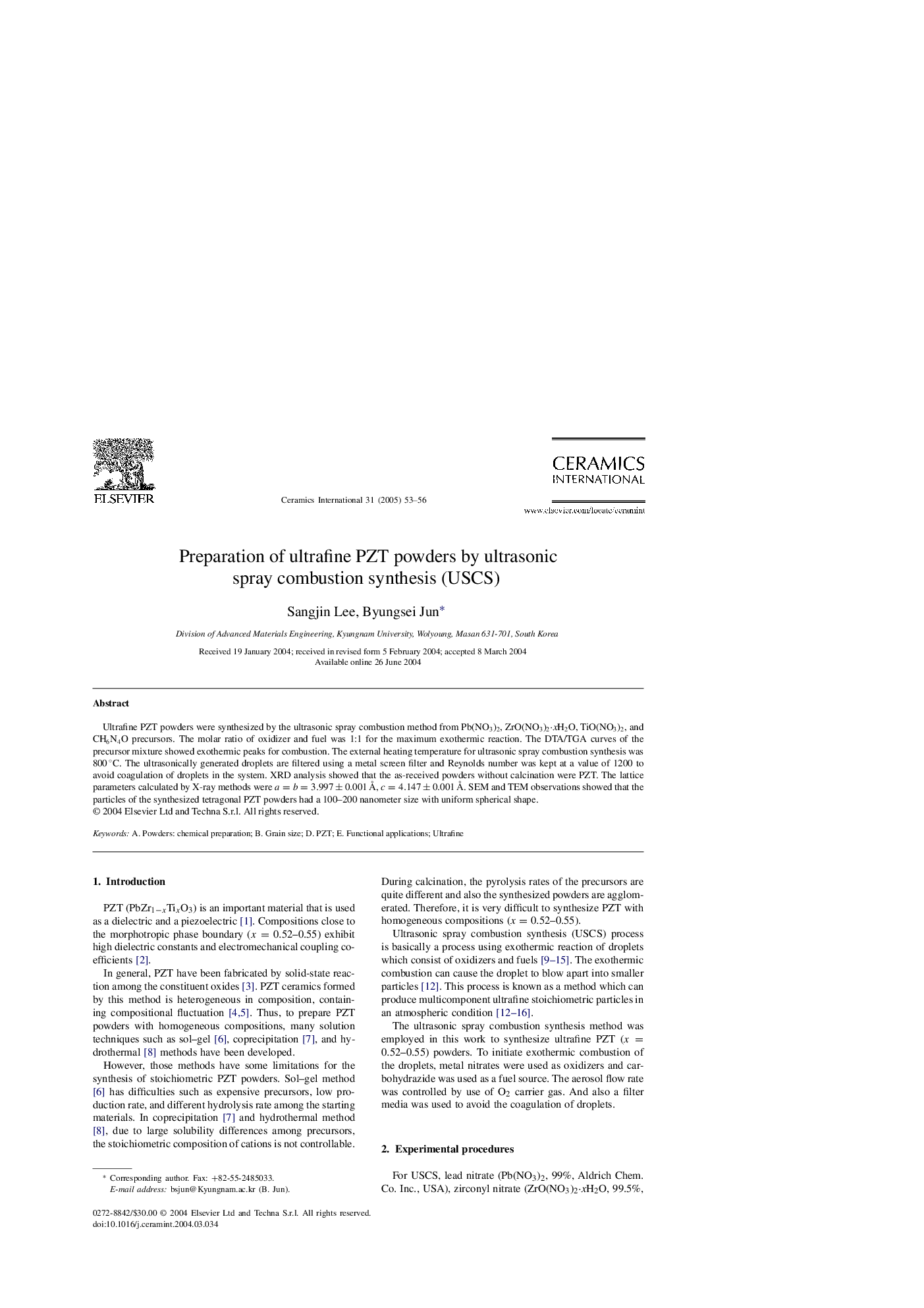 Preparation of ultrafine PZT powders by ultrasonic spray combustion synthesis (USCS)