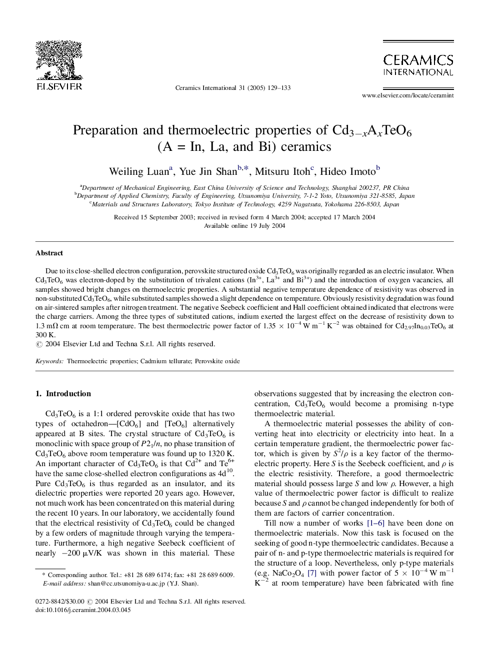 Preparation and thermoelectric properties of Cd3âxAxTeO6 (A = In, La, and Bi) ceramics