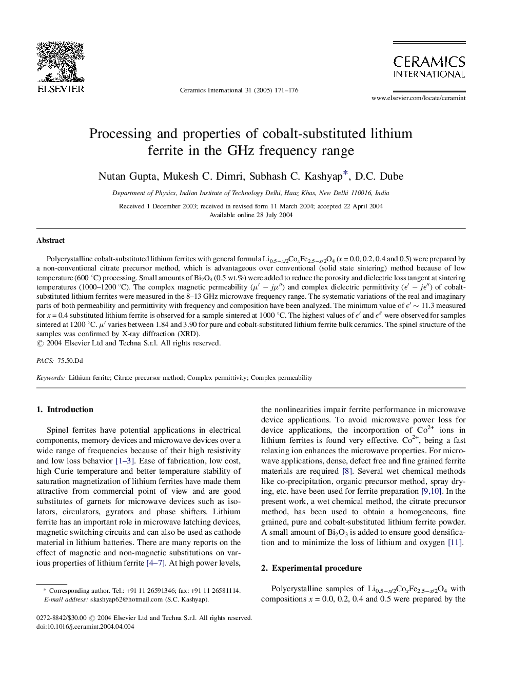 Processing and properties of cobalt-substituted lithium ferrite in the GHz frequency range