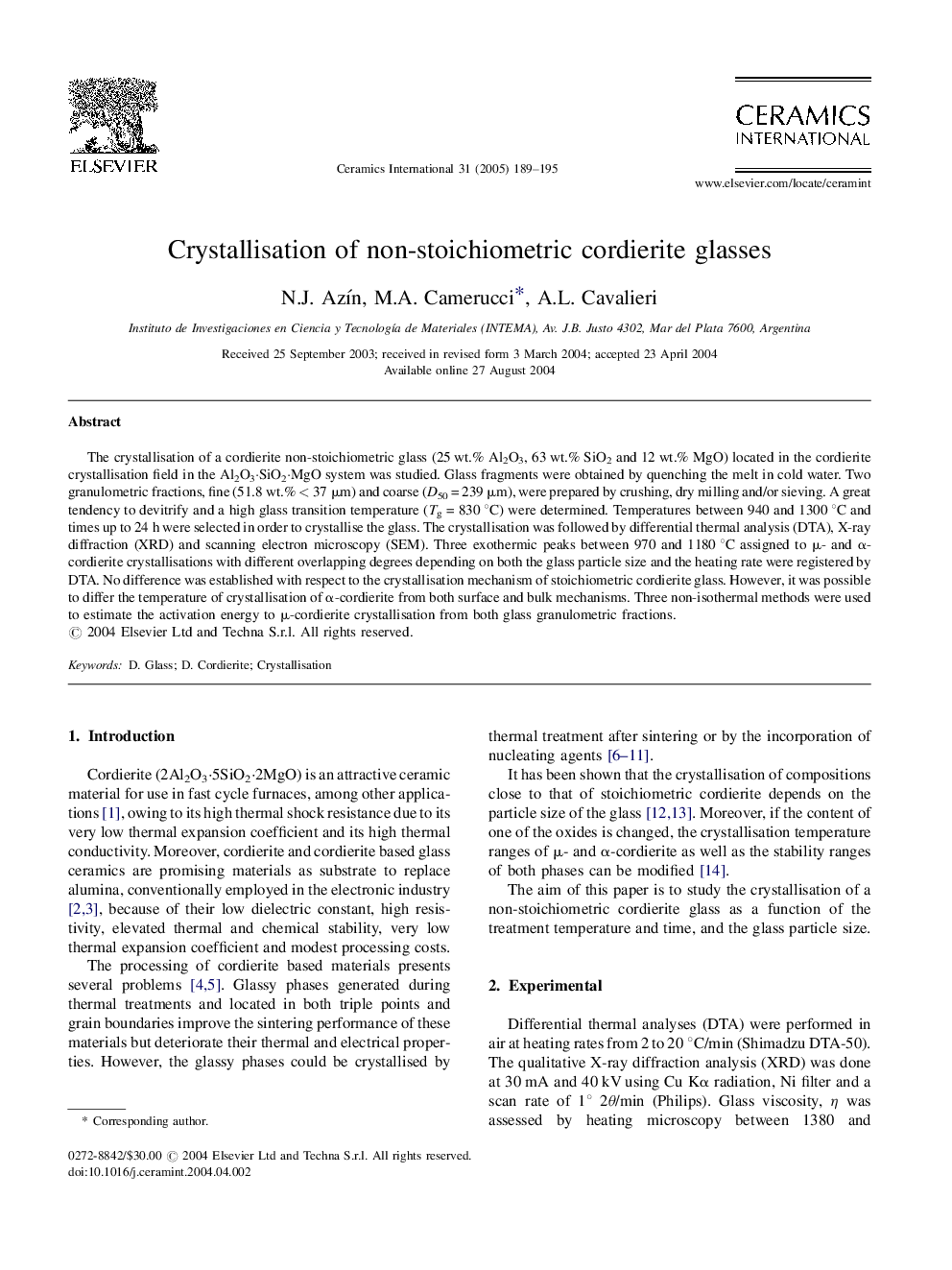 Crystallisation of non-stoichiometric cordierite glasses