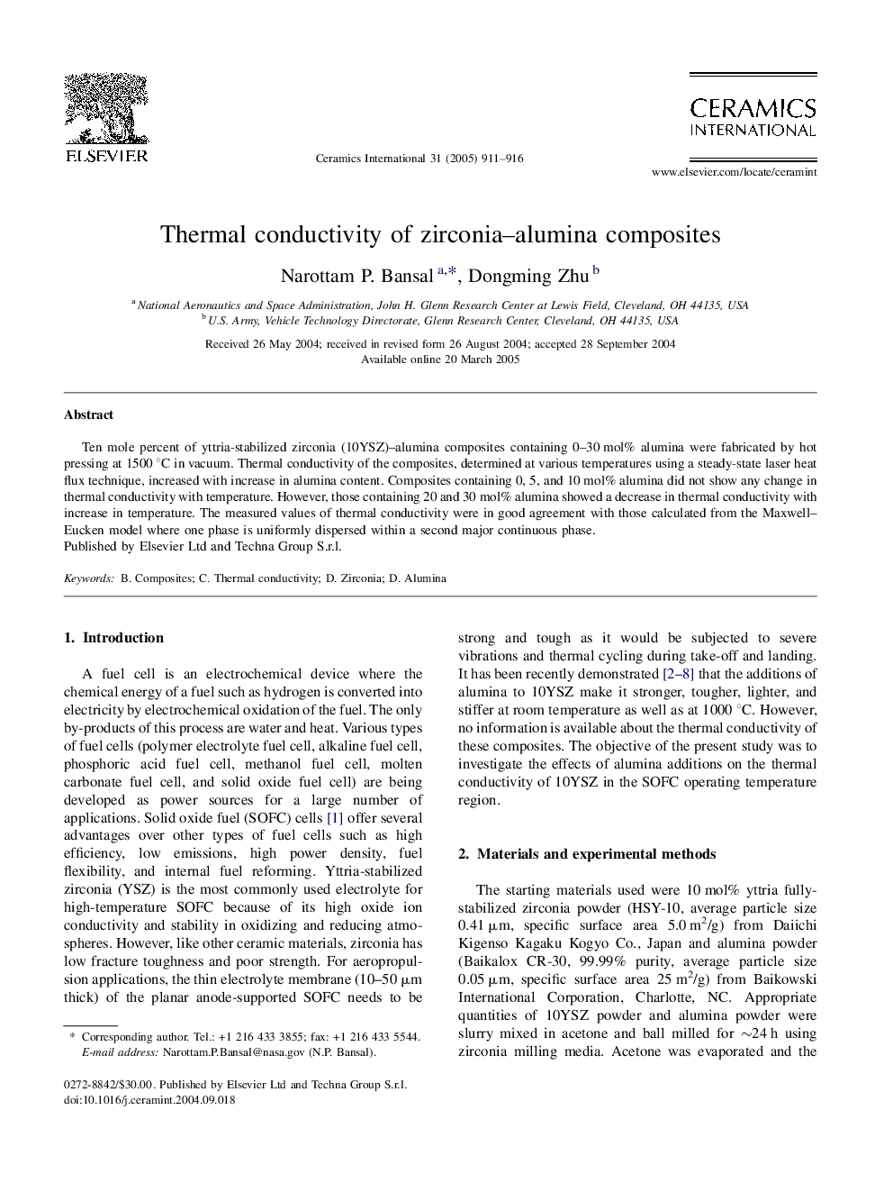 Thermal conductivity of zirconia-alumina composites