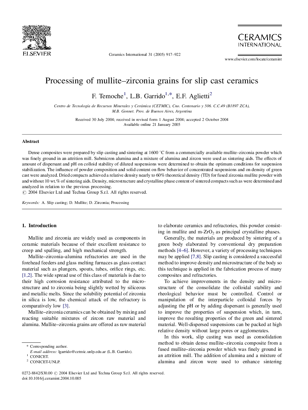 Processing of mullite-zirconia grains for slip cast ceramics