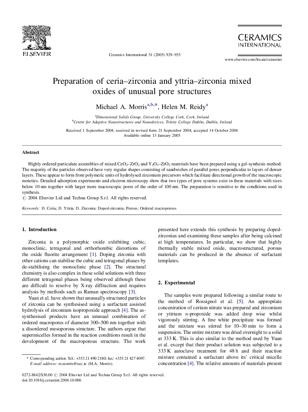 Preparation of ceria-zirconia and yttria-zirconia mixed oxides of unusual pore structures