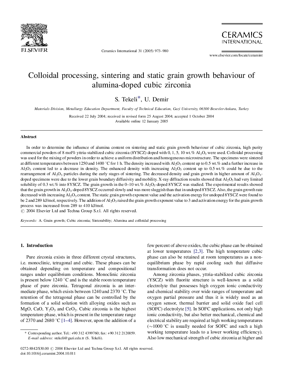 Colloidal processing, sintering and static grain growth behaviour of alumina-doped cubic zirconia