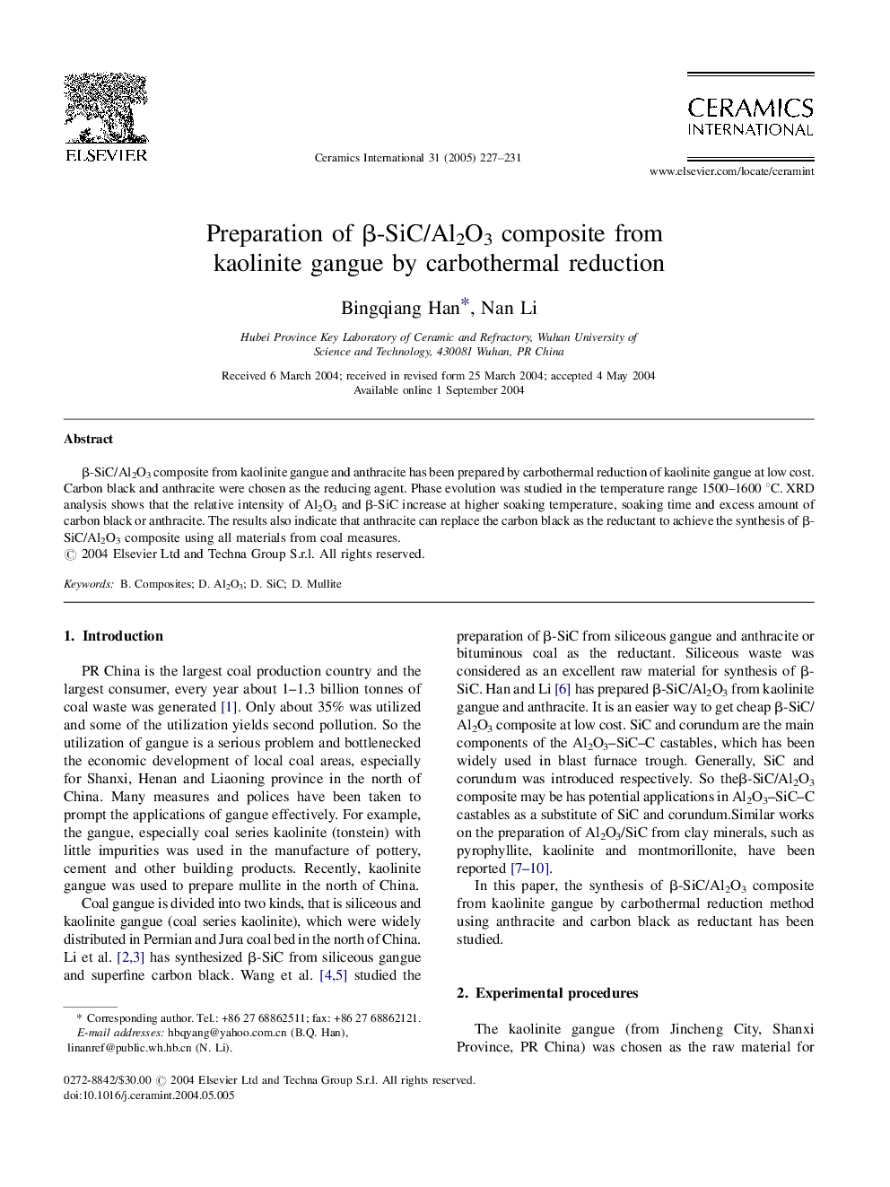 Preparation of Î²-SiC/Al2O3 composite from kaolinite gangue by carbothermal reduction