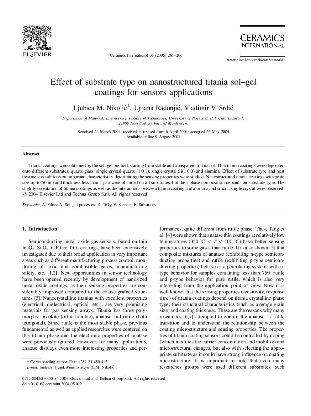 Effect of substrate type on nanostructured titania sol-gel coatings for sensors applications