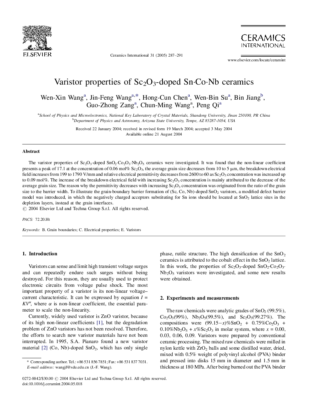 Varistor properties of Sc2O3-doped SnÂ·CoÂ·Nb ceramics