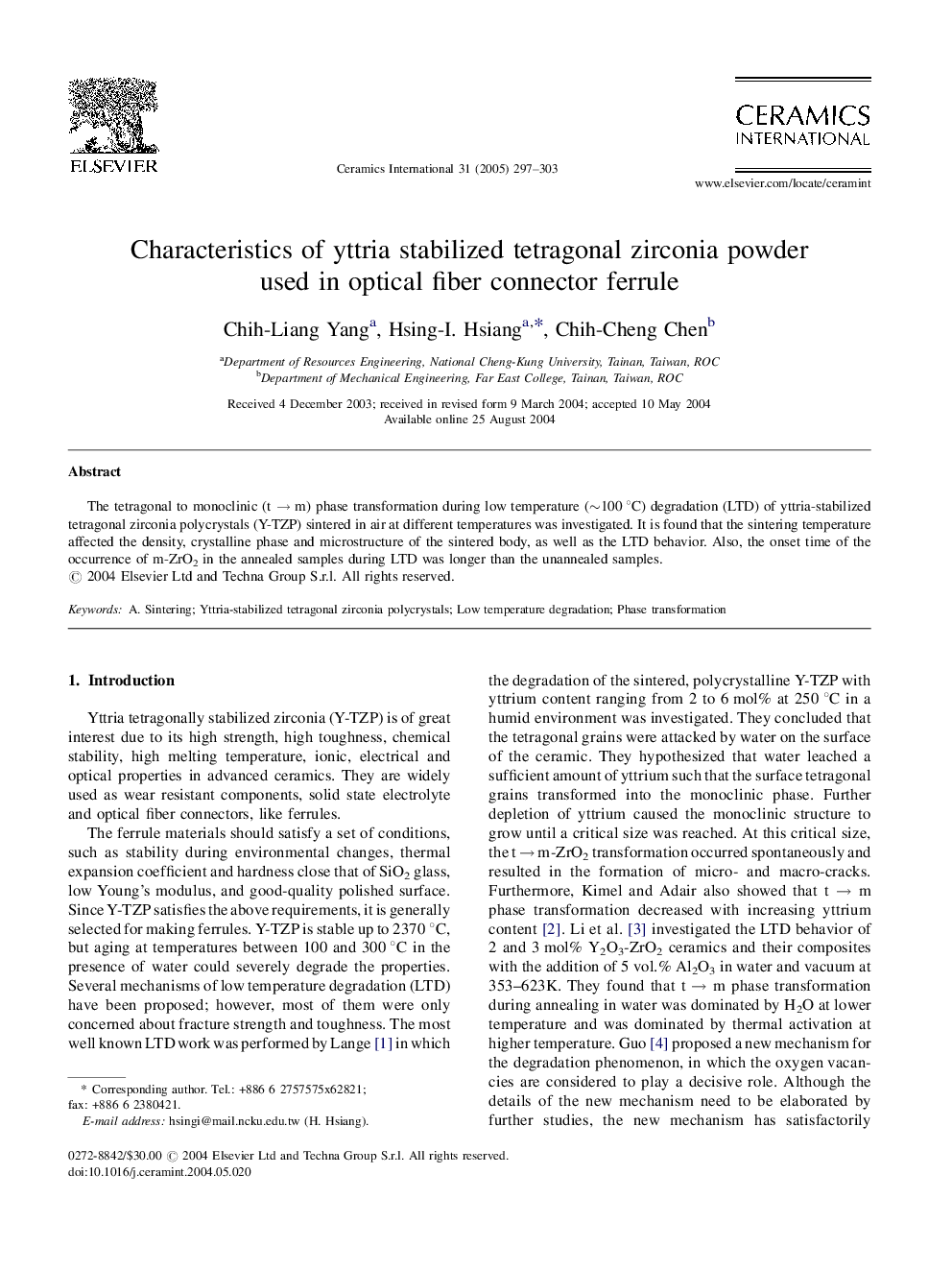 Characteristics of yttria stabilized tetragonal zirconia powder used in optical fiber connector ferrule
