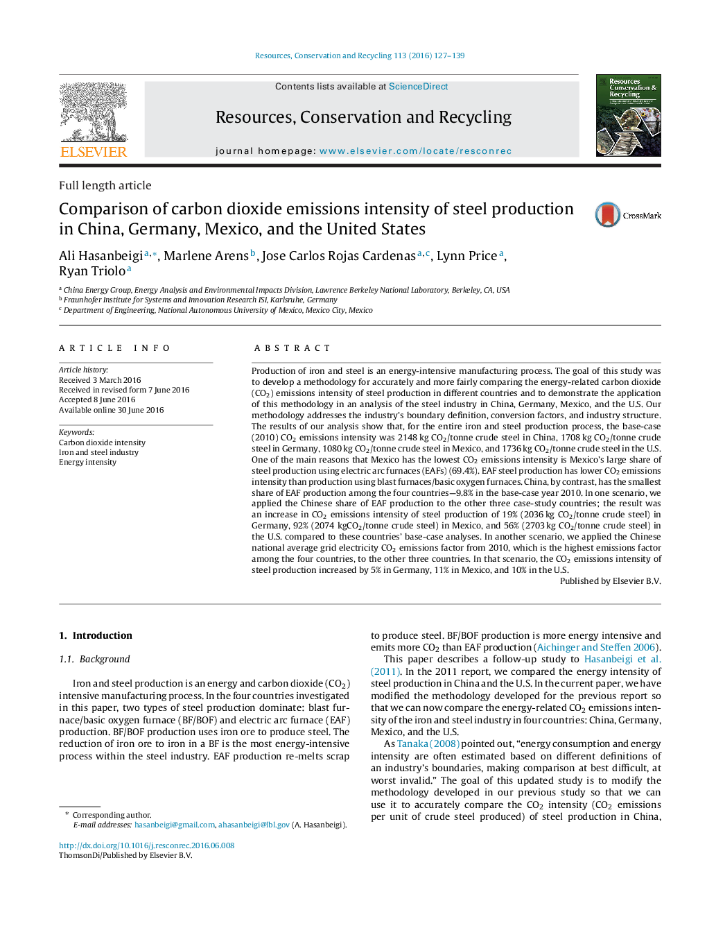 Comparison of carbon dioxide emissions intensity of steel production in China, Germany, Mexico, and the United States