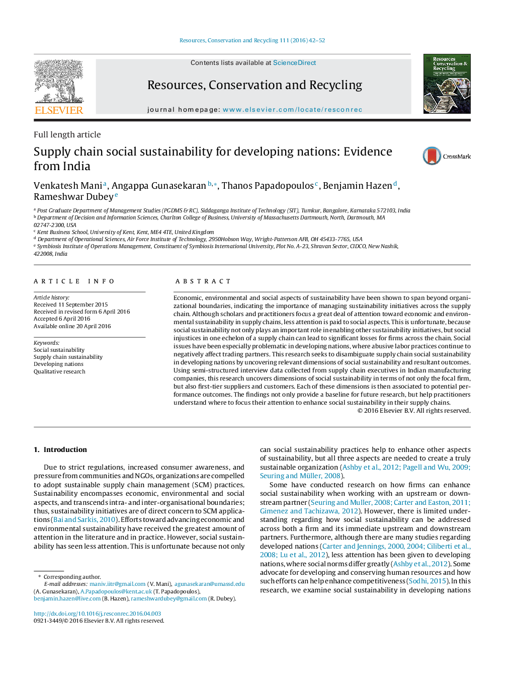 Supply chain social sustainability for developing nations: Evidence from India