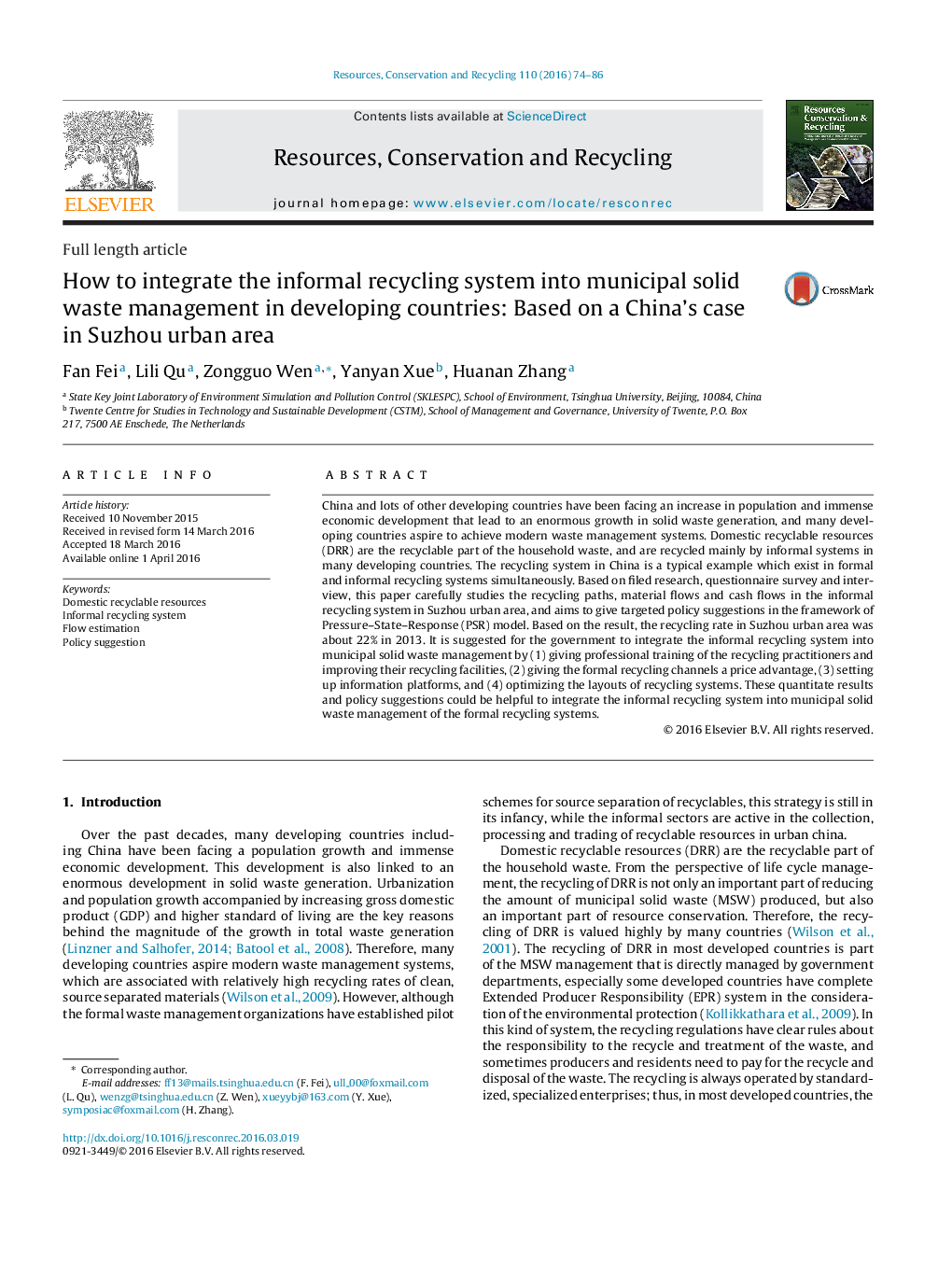 How to integrate the informal recycling system into municipal solid waste management in developing countries: Based on a China’s case in Suzhou urban area