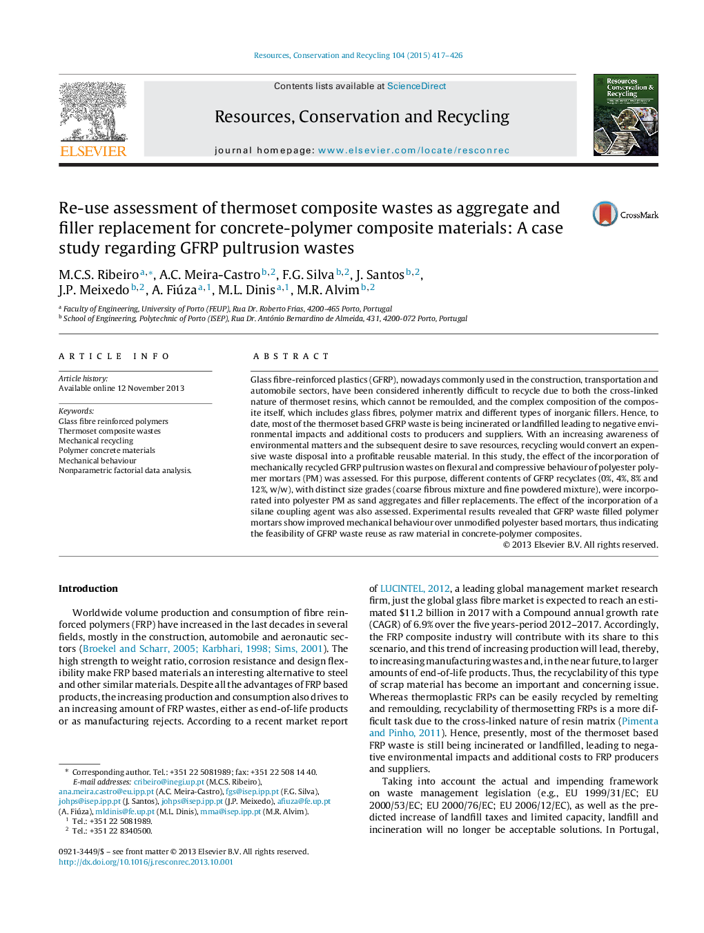 Re-use assessment of thermoset composite wastes as aggregate and filler replacement for concrete-polymer composite materials: A case study regarding GFRP pultrusion wastes