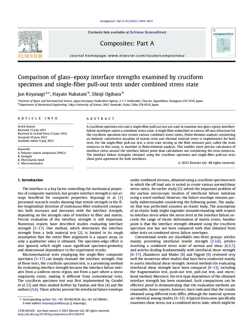 Comparison of glass-epoxy interface strengths examined by cruciform specimen and single-fiber pull-out tests under combined stress state