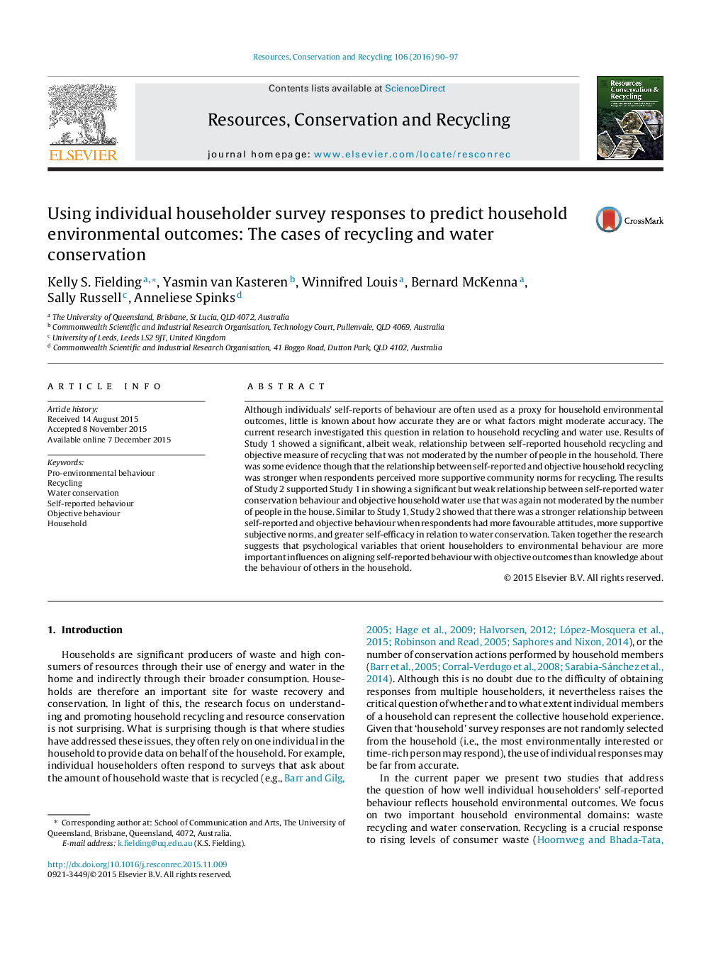 Using individual householder survey responses to predict household environmental outcomes: The cases of recycling and water conservation