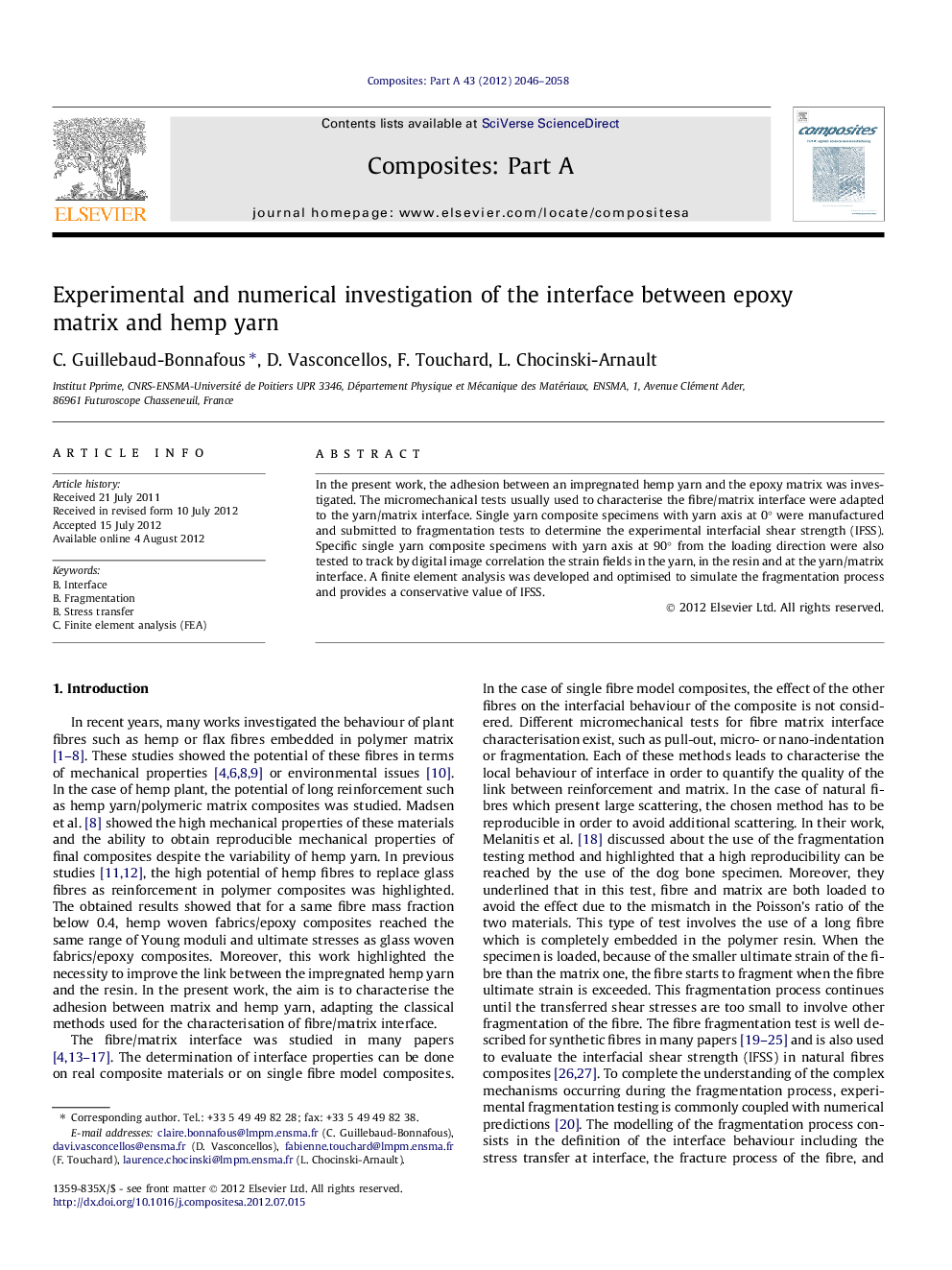 Experimental and numerical investigation of the interface between epoxy matrix and hemp yarn