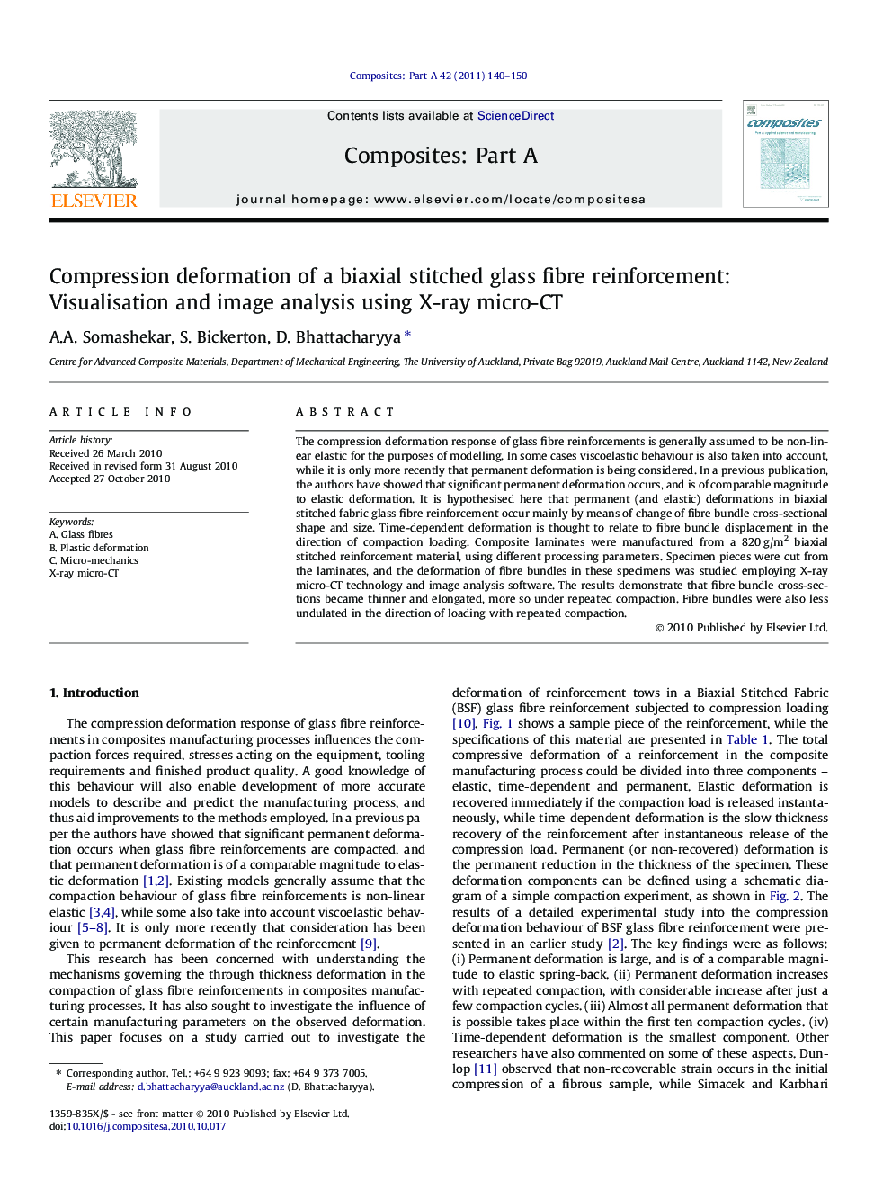 Compression deformation of a biaxial stitched glass fibre reinforcement: Visualisation and image analysis using X-ray micro-CT