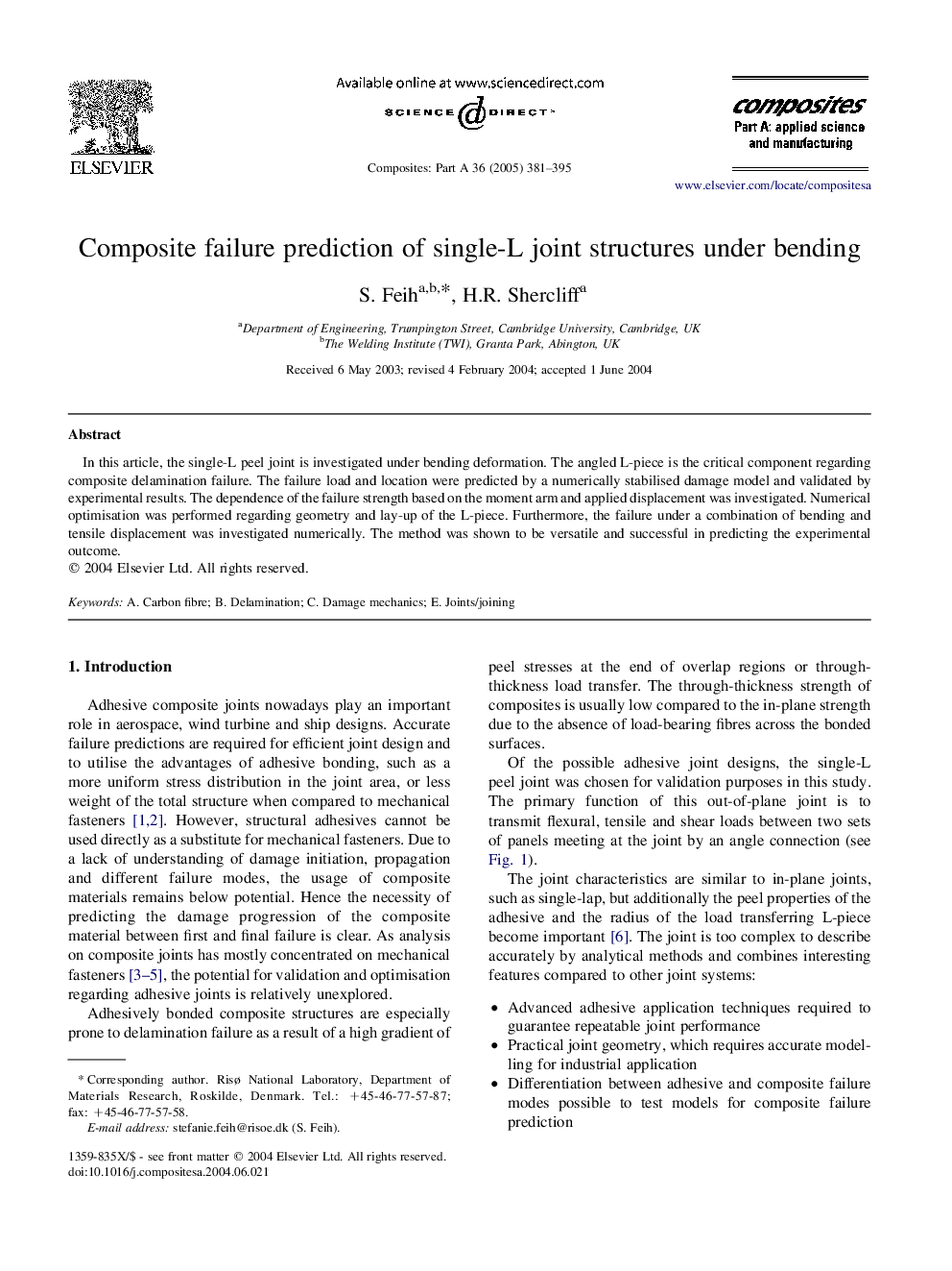 Composite failure prediction of single-L joint structures under bending