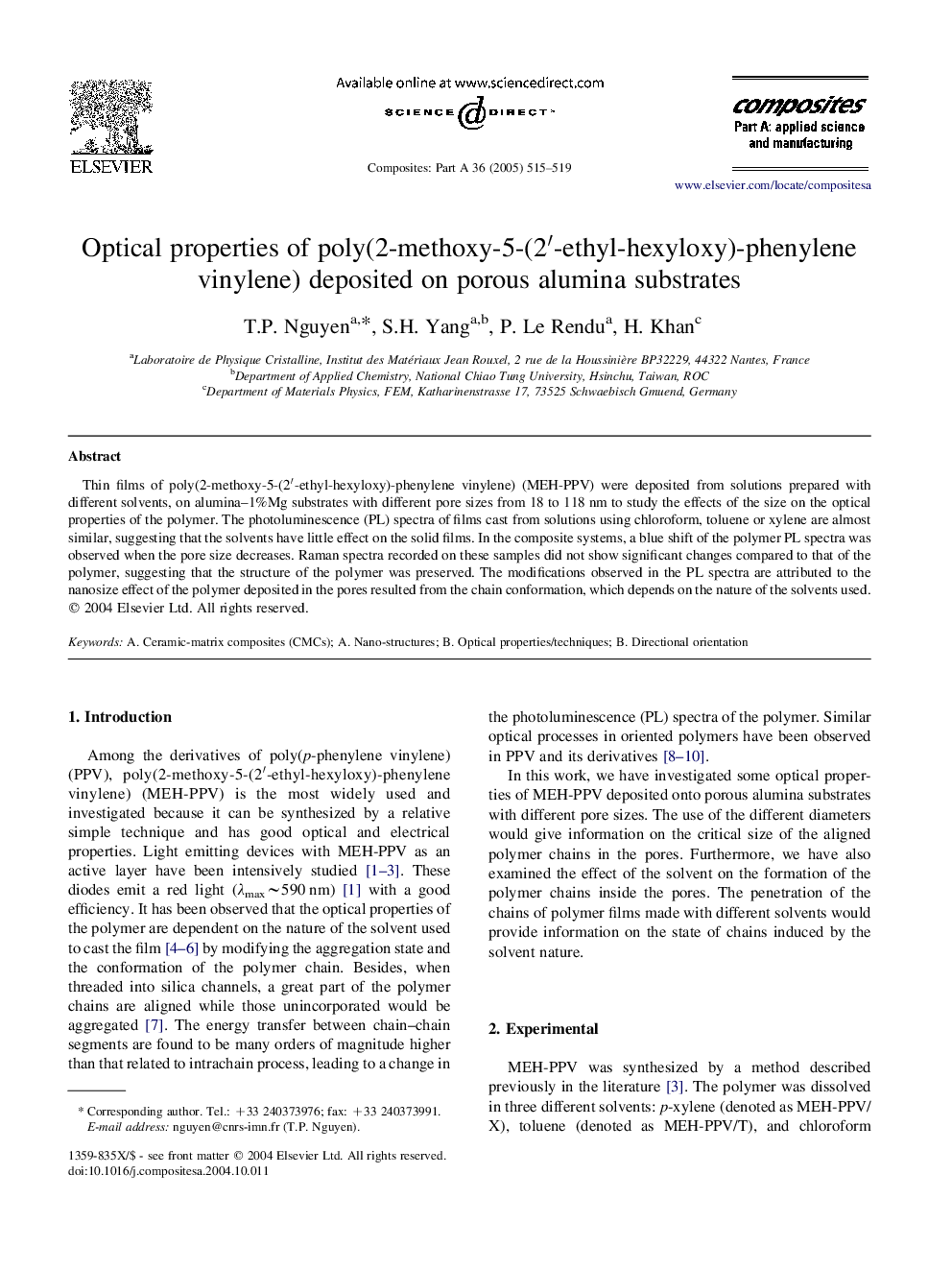 Optical properties of poly(2-methoxy-5-(2â²-ethyl-hexyloxy)-phenylene vinylene) deposited on porous alumina substrates