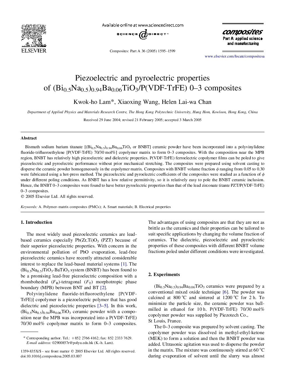 Piezoelectric and pyroelectric properties of (Bi0.5Na0.5)0.94Ba0.06TiO3/P(VDF-TrFE) 0-3 composites