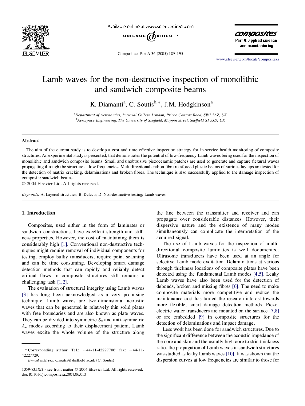 Lamb waves for the non-destructive inspection of monolithic and sandwich composite beams