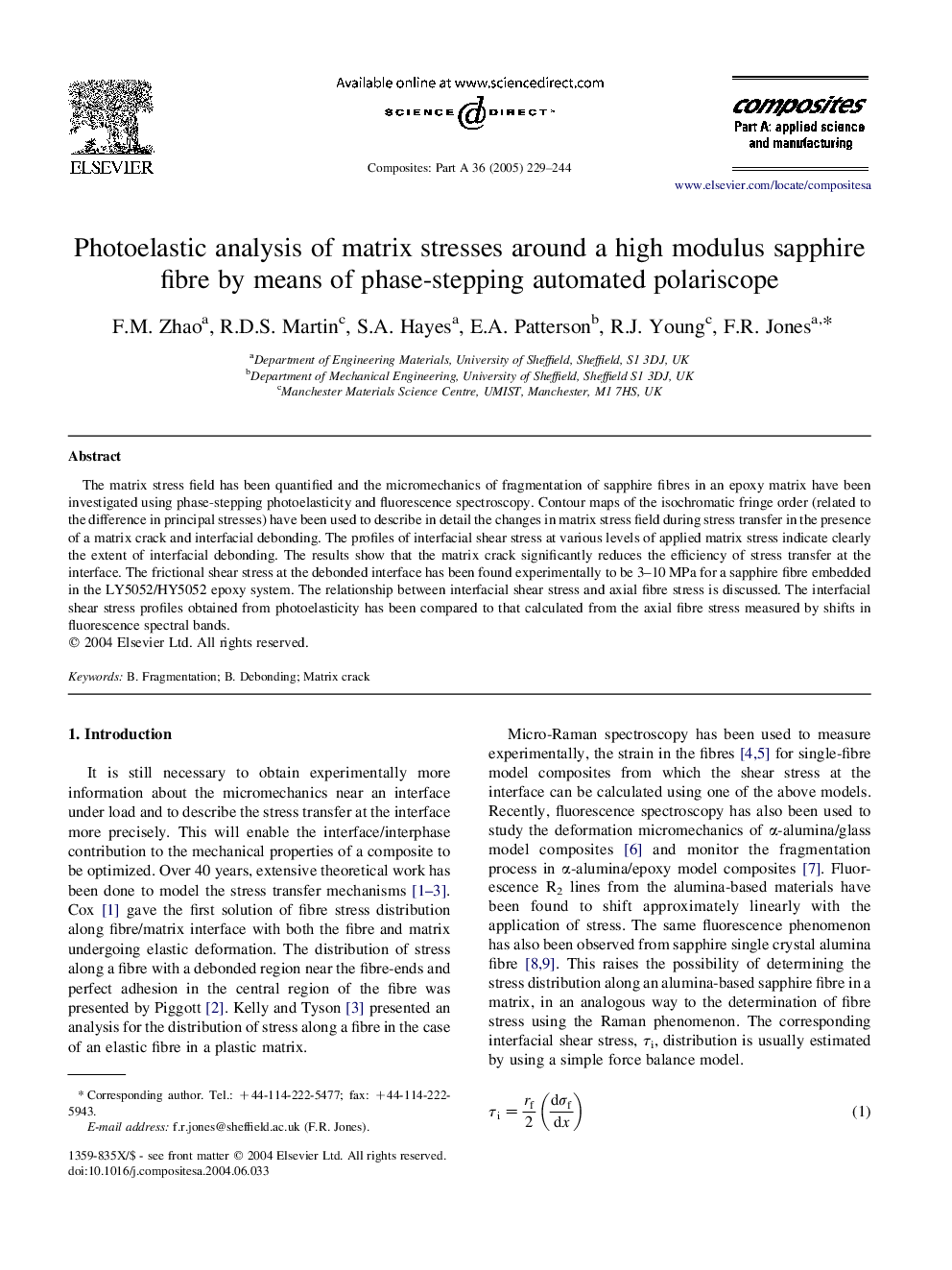 Photoelastic analysis of matrix stresses around a high modulus sapphire fibre by means of phase-stepping automated polariscope