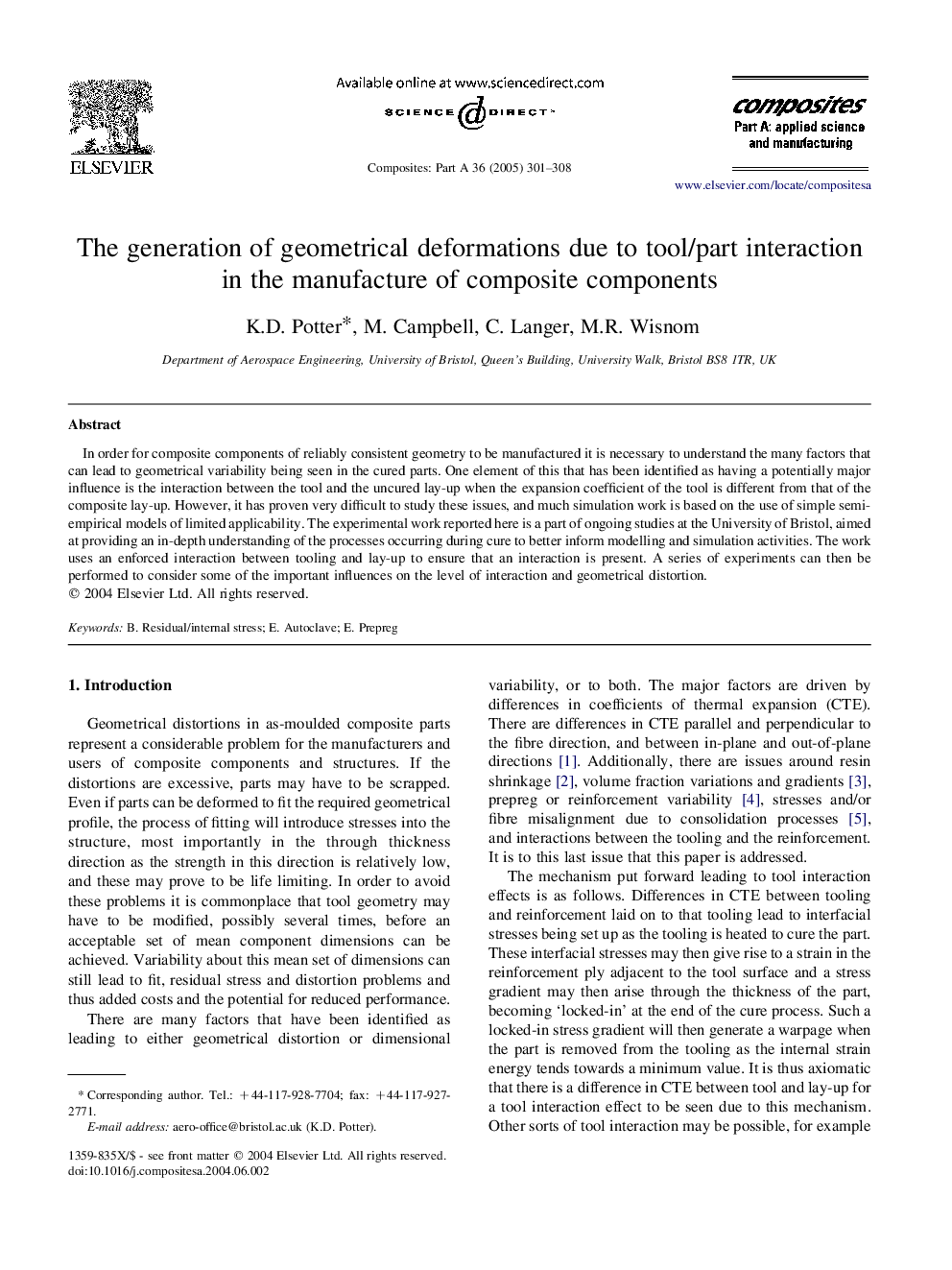 The generation of geometrical deformations due to tool/part interaction in the manufacture of composite components