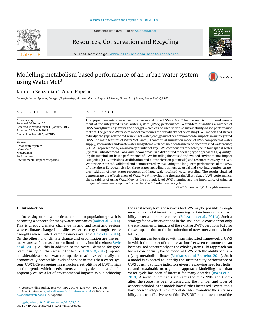 Modelling metabolism based performance of an urban water system using WaterMet2