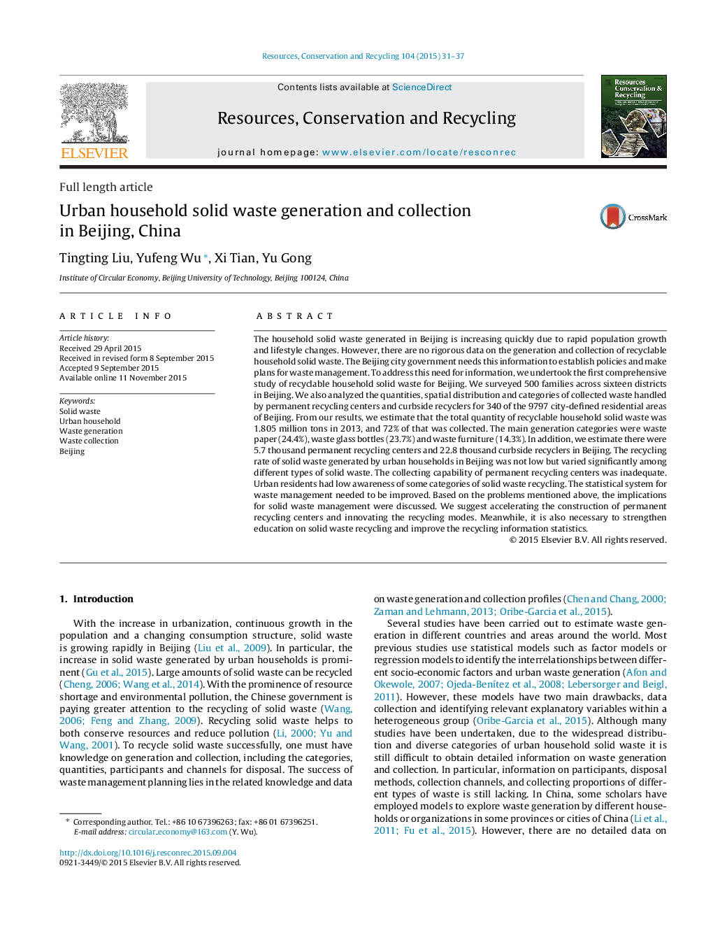 Urban household solid waste generation and collection in Beijing, China