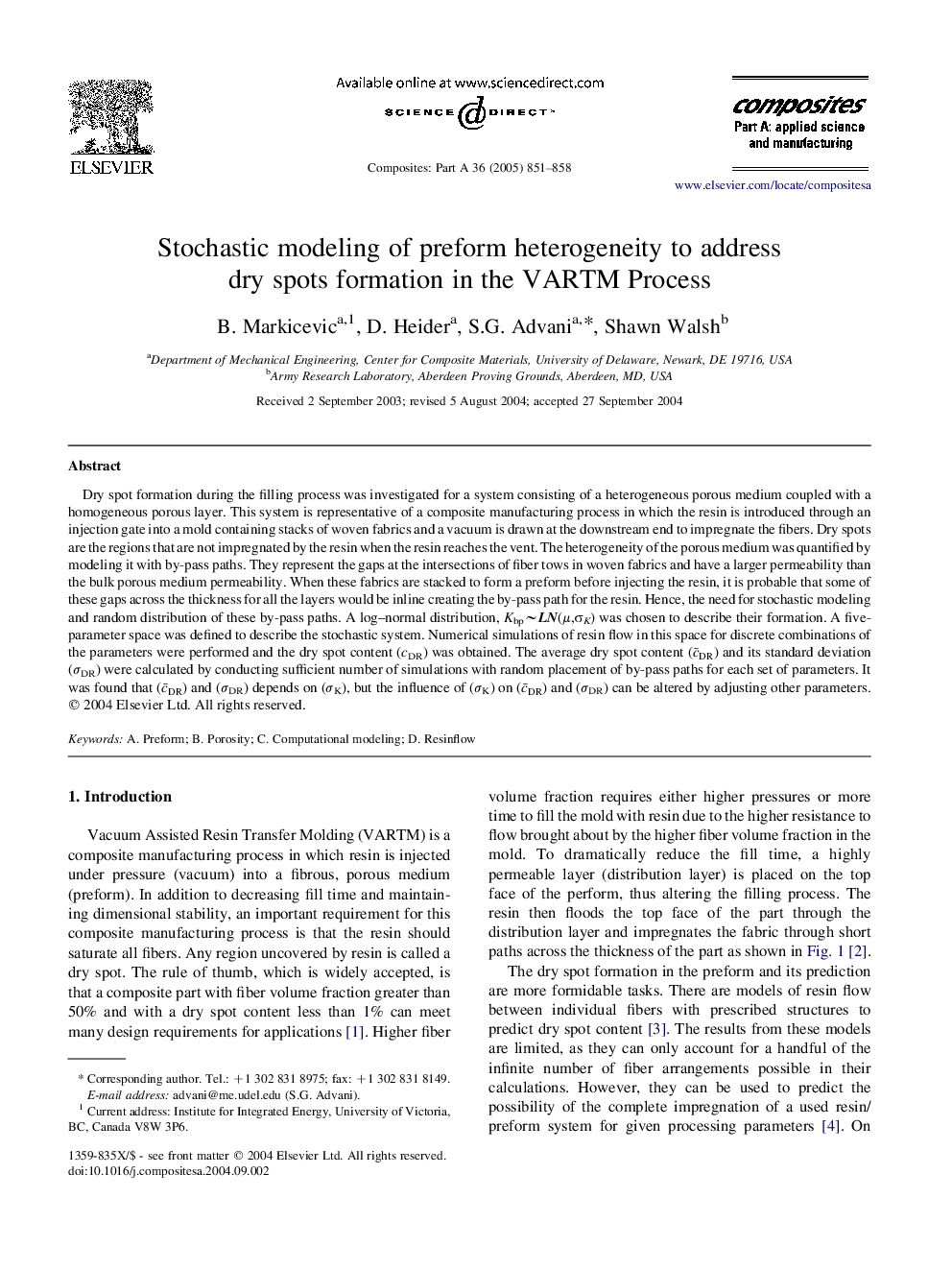 Stochastic modeling of preform heterogeneity to address dry spots formation in the VARTM Process