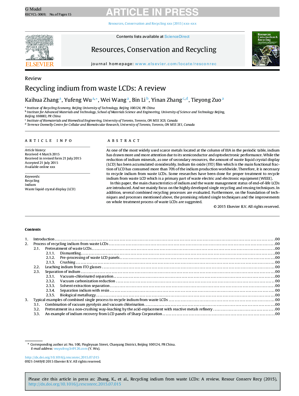 Recycling indium from waste LCDs: A review