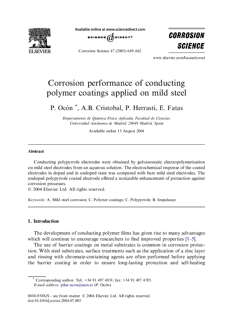 Corrosion performance of conducting polymer coatings applied on mild steel