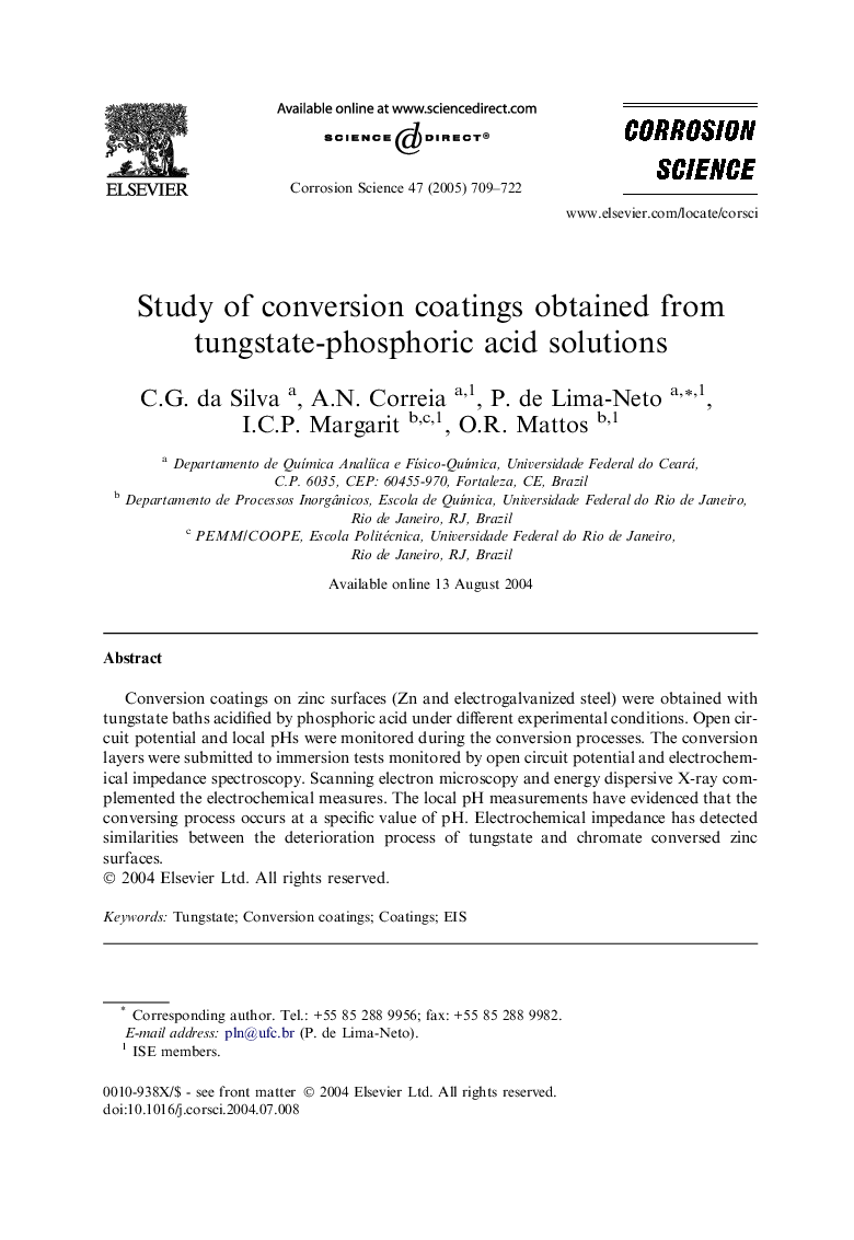 Study of conversion coatings obtained from tungstate-phosphoric acid solutions