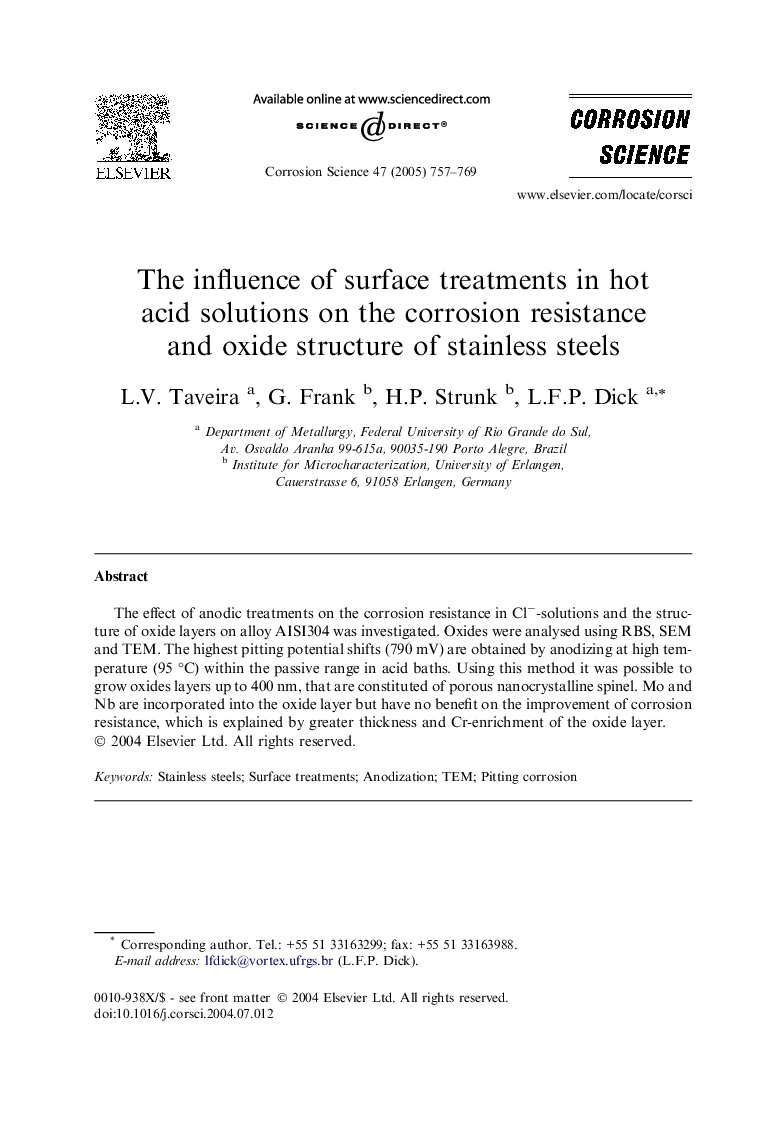 The influence of surface treatments in hot acid solutions on the corrosion resistance and oxide structure of stainless steels
