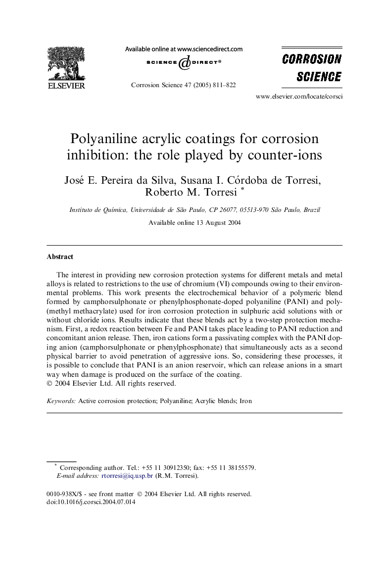 Polyaniline acrylic coatings for corrosion inhibition: the role played by counter-ions