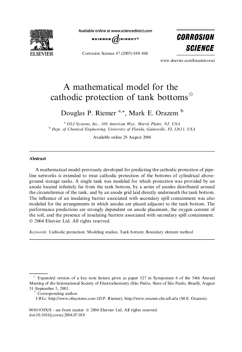 A mathematical model for the cathodic protection of tank bottoms