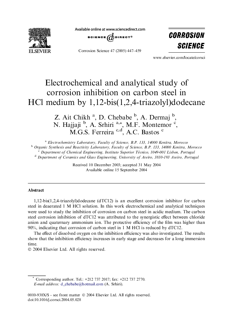 Electrochemical and analytical study of corrosion inhibition on carbon steel in HCl medium by 1,12-bis(1,2,4-triazolyl)dodecane