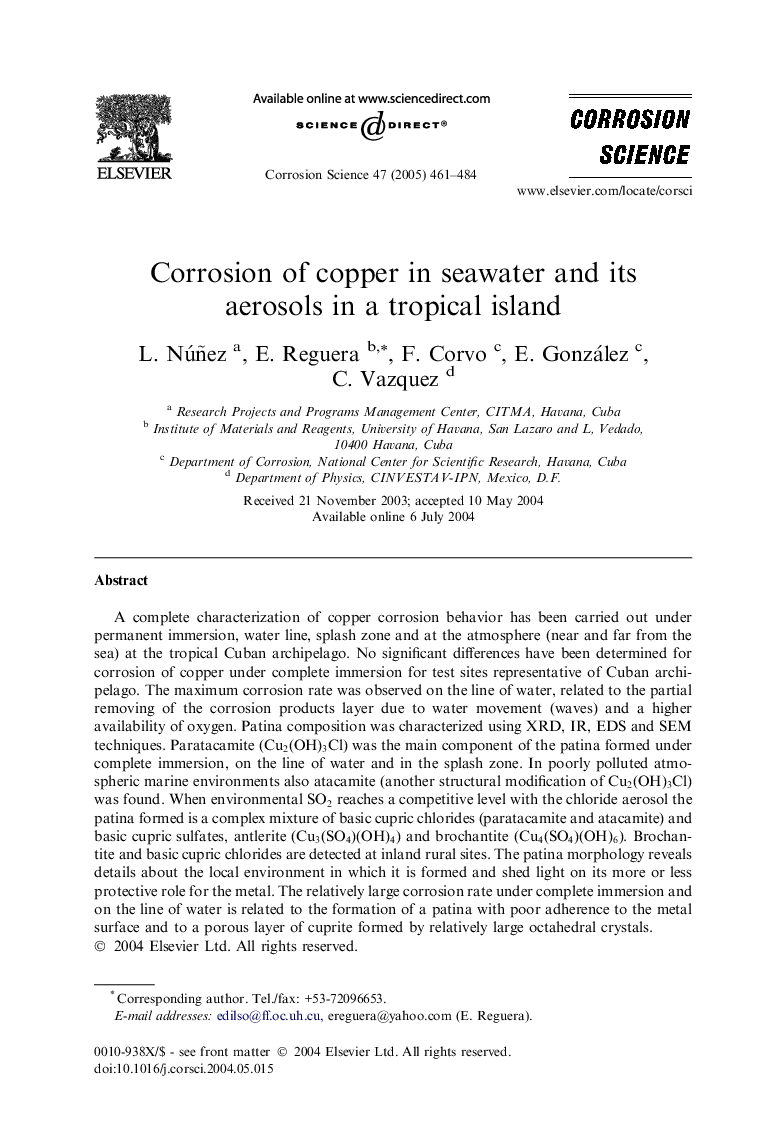 Corrosion of copper in seawater and its aerosols in a tropical island