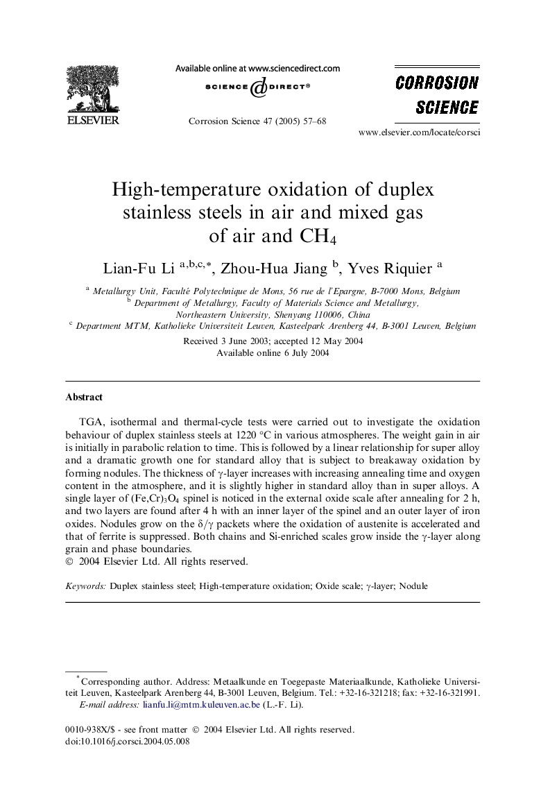 High-temperature oxidation of duplex stainless steels in air and mixed gas of air and CH4