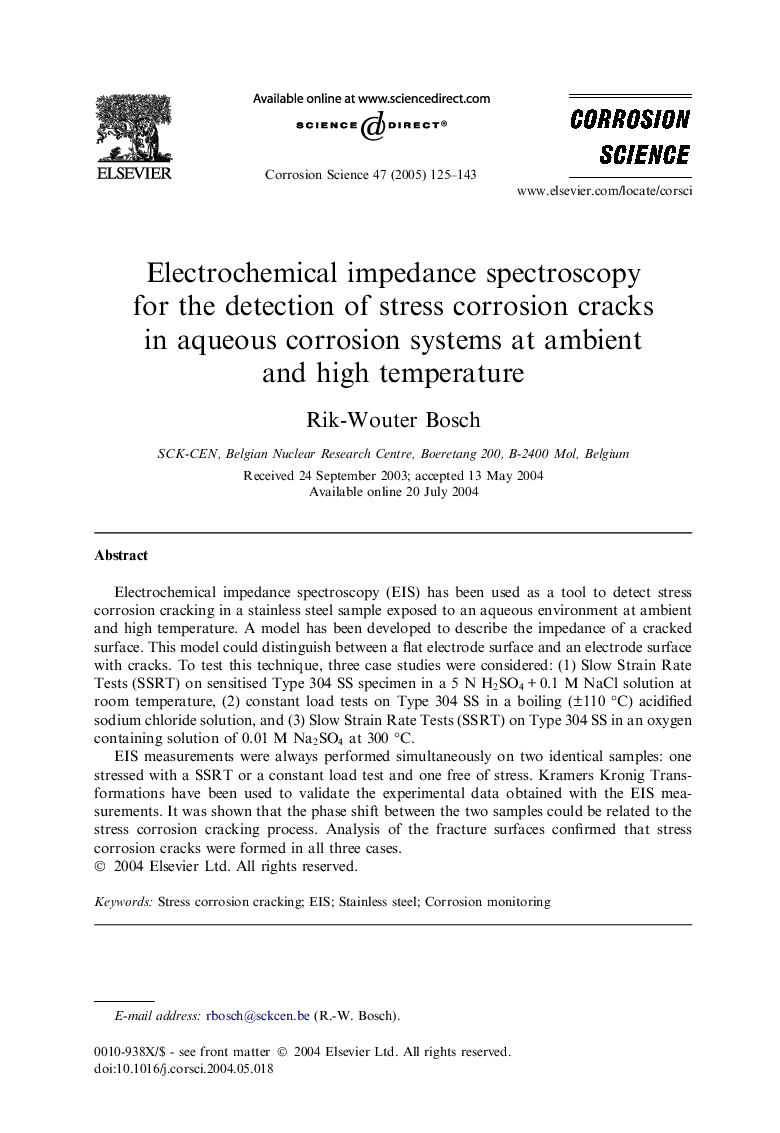 Electrochemical impedance spectroscopy for the detection of stress corrosion cracks in aqueous corrosion systems at ambient and high temperature