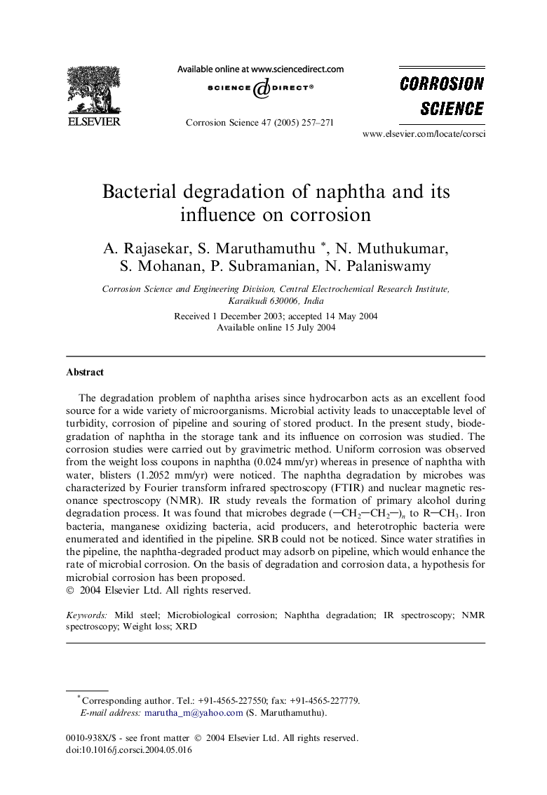 Bacterial degradation of naphtha and its influence on corrosion