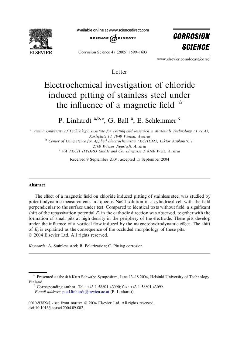 Electrochemical investigation of chloride induced pitting of stainless steel under the influence of a magnetic field