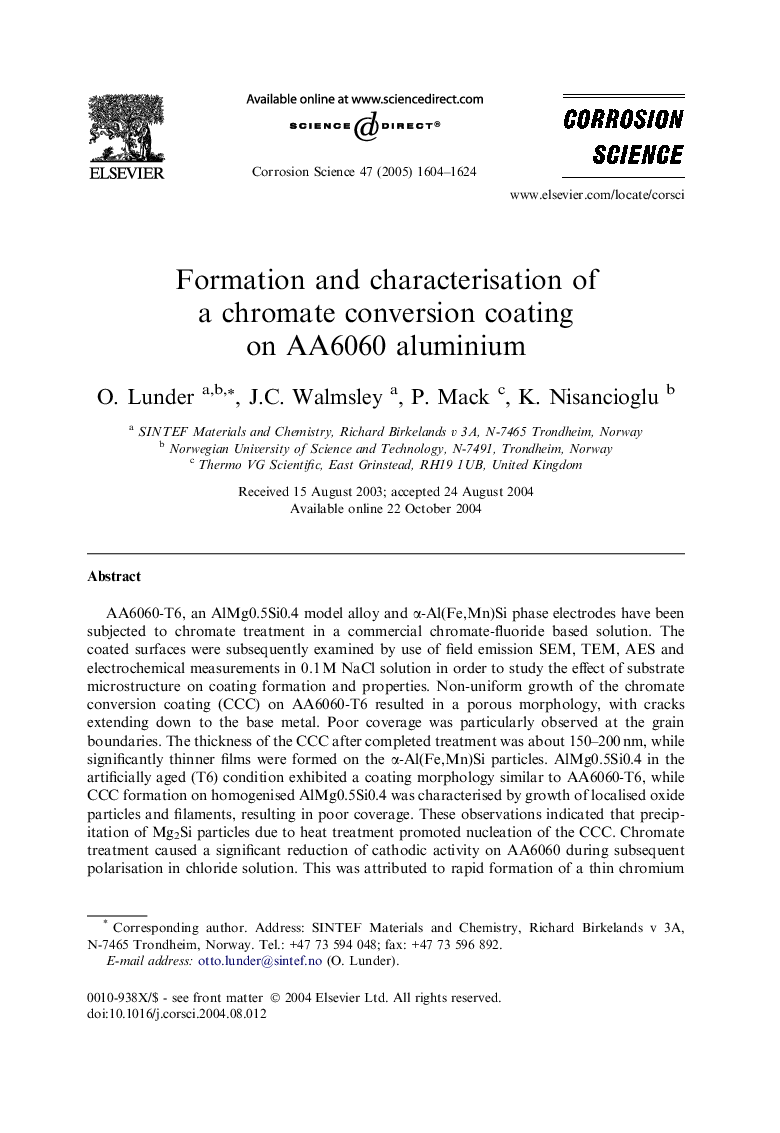 Formation and characterisation of a chromate conversion coating on AA6060 aluminium