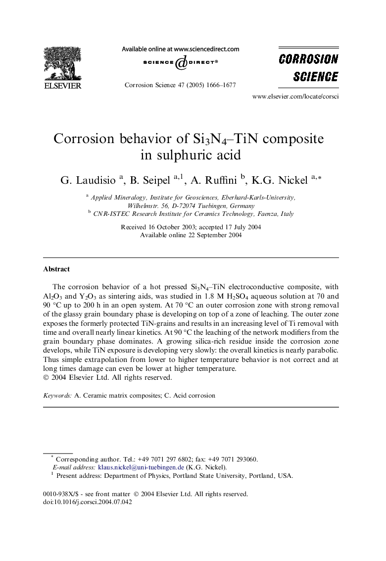 Corrosion behavior of Si3N4-TiN composite in sulphuric acid