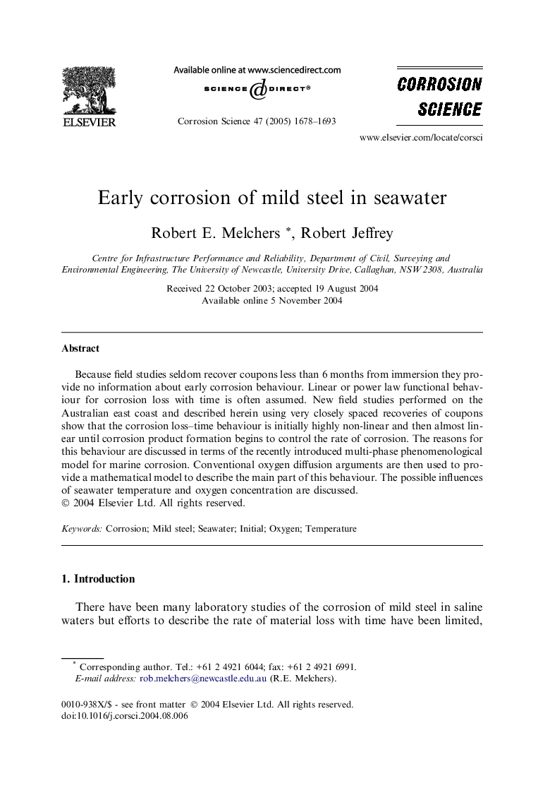 Early corrosion of mild steel in seawater