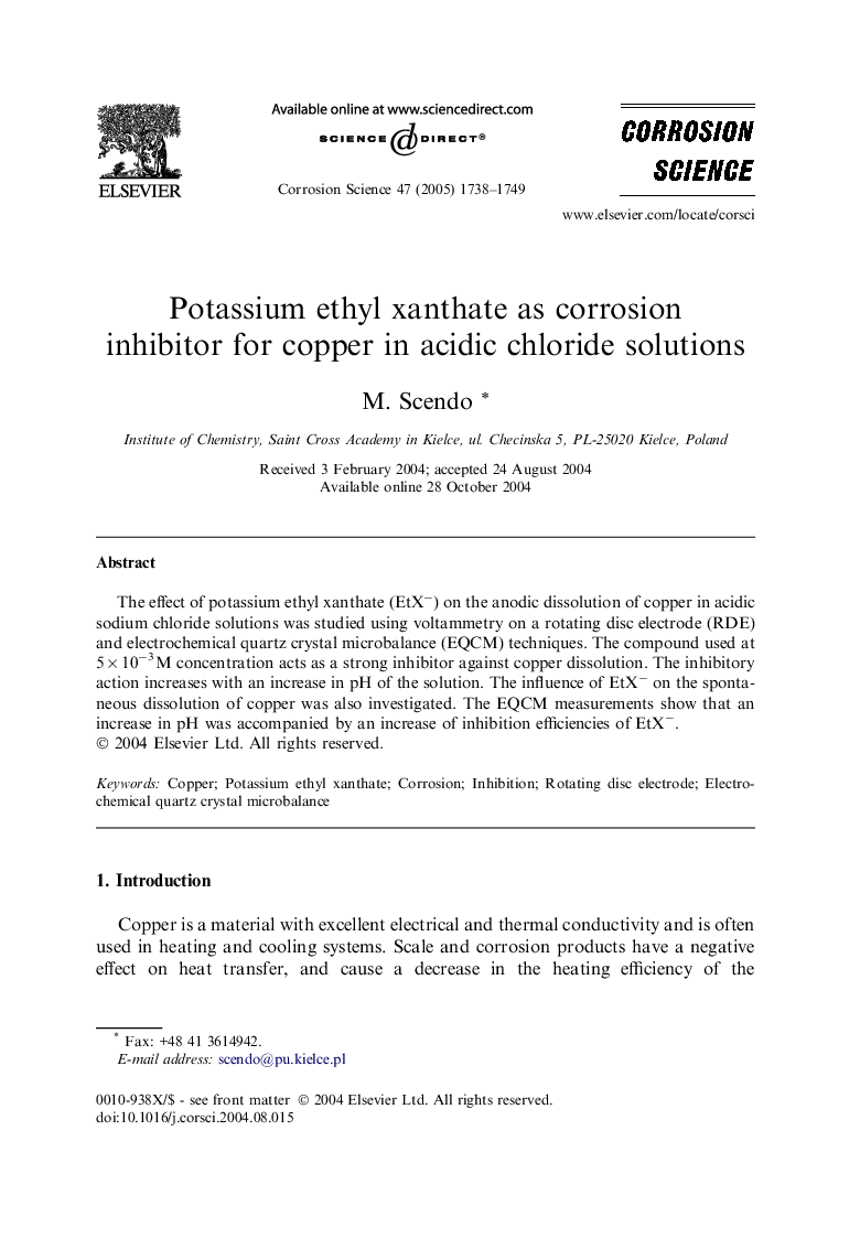 Potassium ethyl xanthate as corrosion inhibitor for copper in acidic chloride solutions