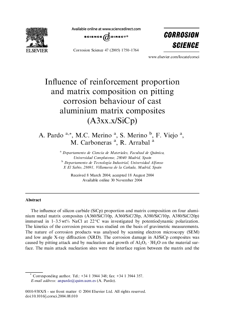 Influence of reinforcement proportion and matrix composition on pitting corrosion behaviour of cast aluminium matrix composites (A3xx.x/SiCp)