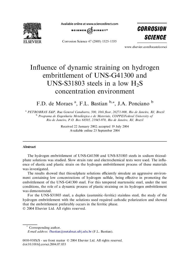 Influence of dynamic straining on hydrogen embrittlement of UNS-G41300 and UNS-S31803 steels in a low H2S concentration environment
