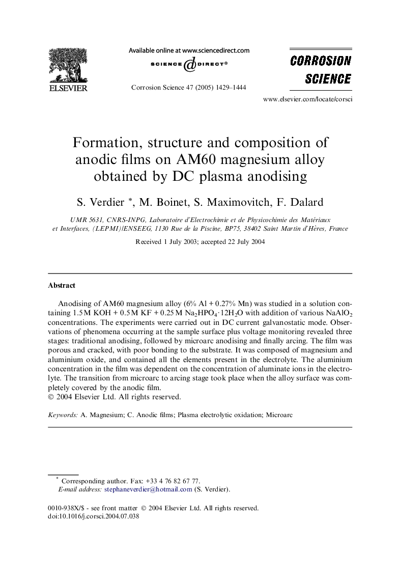 Formation, structure and composition of anodic films on AM60 magnesium alloy obtained by DC plasma anodising