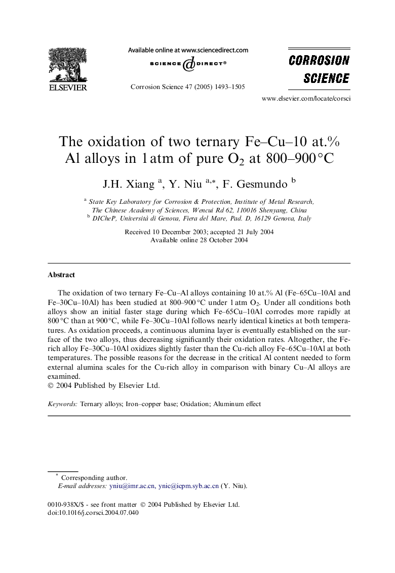 The oxidation of two ternary Fe-Cu-10 at.% Al alloys in 1Â atm of pure O2 at 800-900Â Â°C