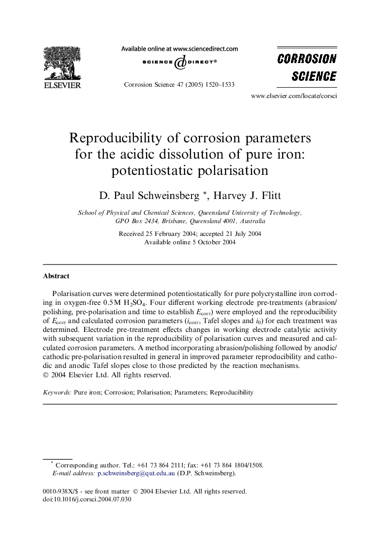 Reproducibility of corrosion parameters for the acidic dissolution of pure iron: potentiostatic polarisation